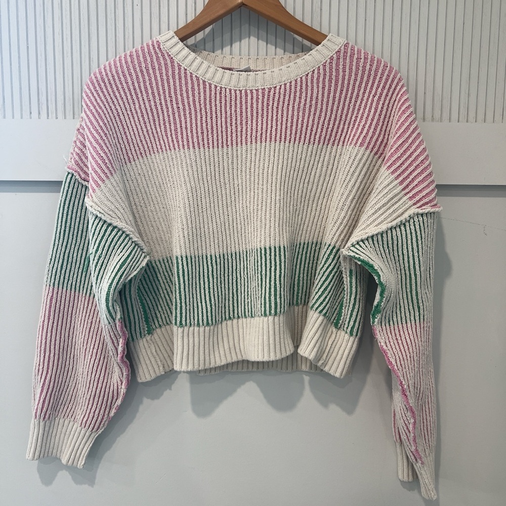 Altar'd State Striped Cropped Crewneck Sweater in Pink, Cream & Green